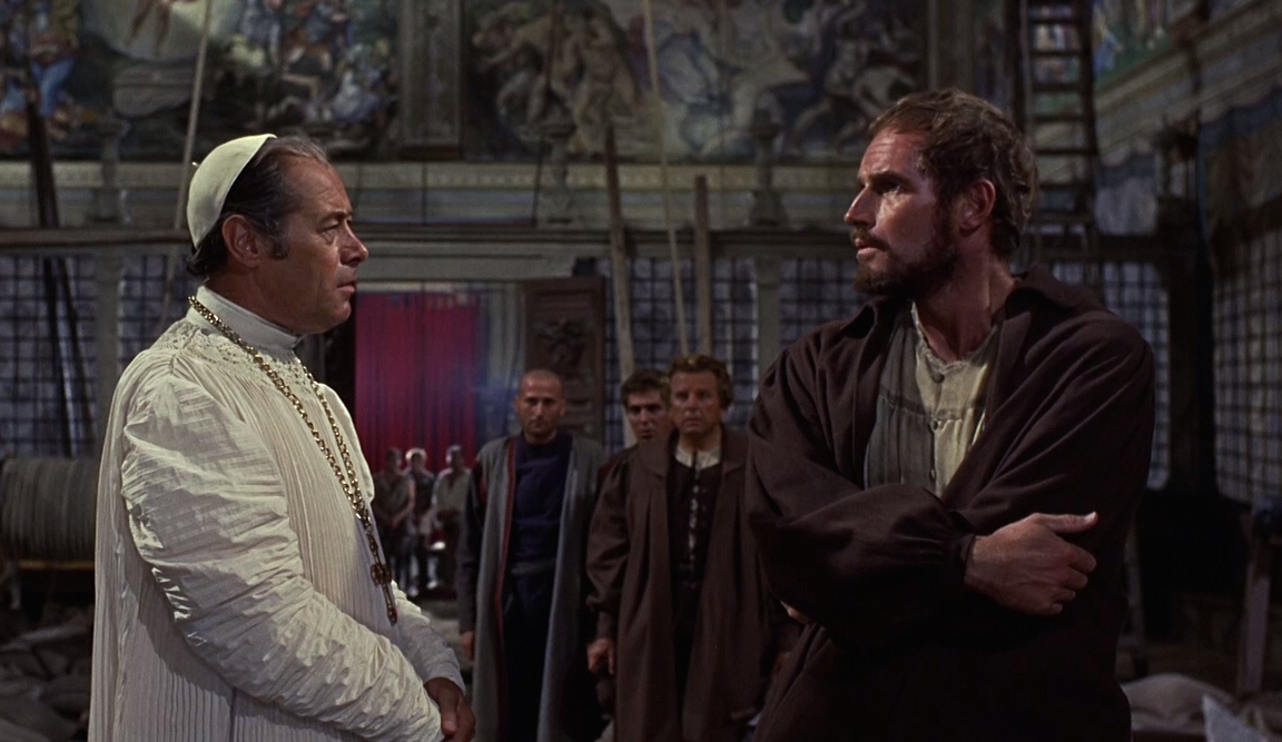 Rex Harrison en Jules II fait face à Charlton Heston en Michel-Ange dans "L'EXTASE ET L'AGONIE" de Carol Reed (1965) Rex Harrison en Jules II fait face à Charlton Heston en Michel-Ange dans "L'EXTASE ET L'AGONIE" de Carol Reed (1965)